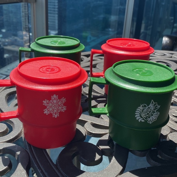 Tupperware - Vintage Cups Mugs Lids Set of 4 Red and green 1312-8 1312-7 - Picture 17 of 17